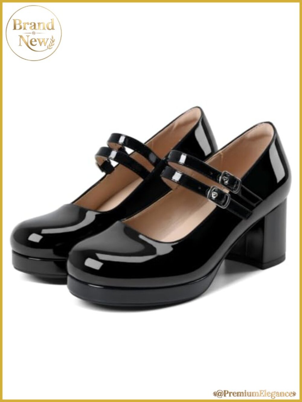 Chunky Block Heel Mary Jane Pumps Faux Leather Double Strap Closed Toe